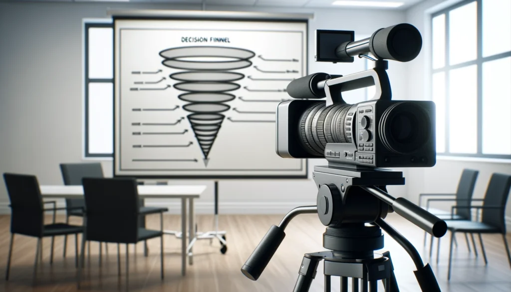 A realistic image of a modern video camera on a tripod, aimed towards a whiteboard. The whiteboard is prominently displayed in the scene, featuring a web funnel. AI generated