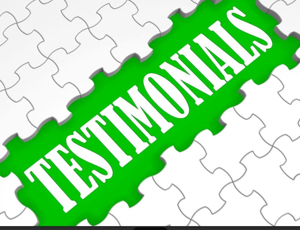Puzzle piece with 'TESTIMONIALS' in the hole where other puzzle pieces would be.