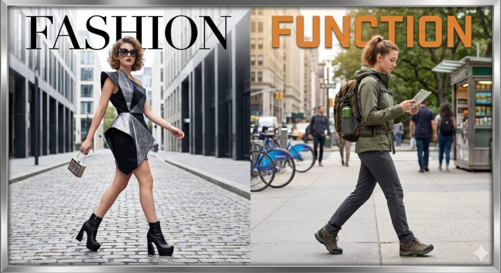 Fashion Vs Function image with two people walking across a street/path. One is fashion-forward, the other is ready for college classes.